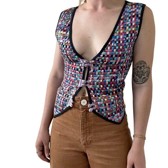 Vintage Womens Rainbow Lattice Checkered V Neck Waistcoat Vest Sz M Petite - Picture 3 of 10